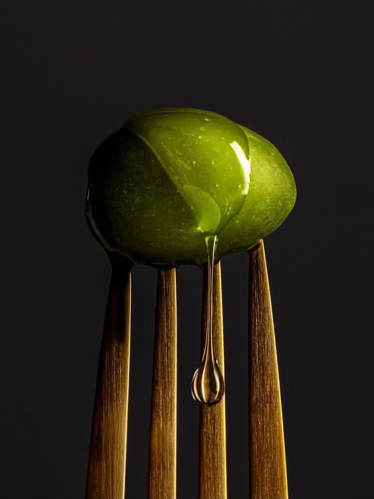 Aceituna brillante sobre púas de madera con una gota de aceite cayendo, fondo negro