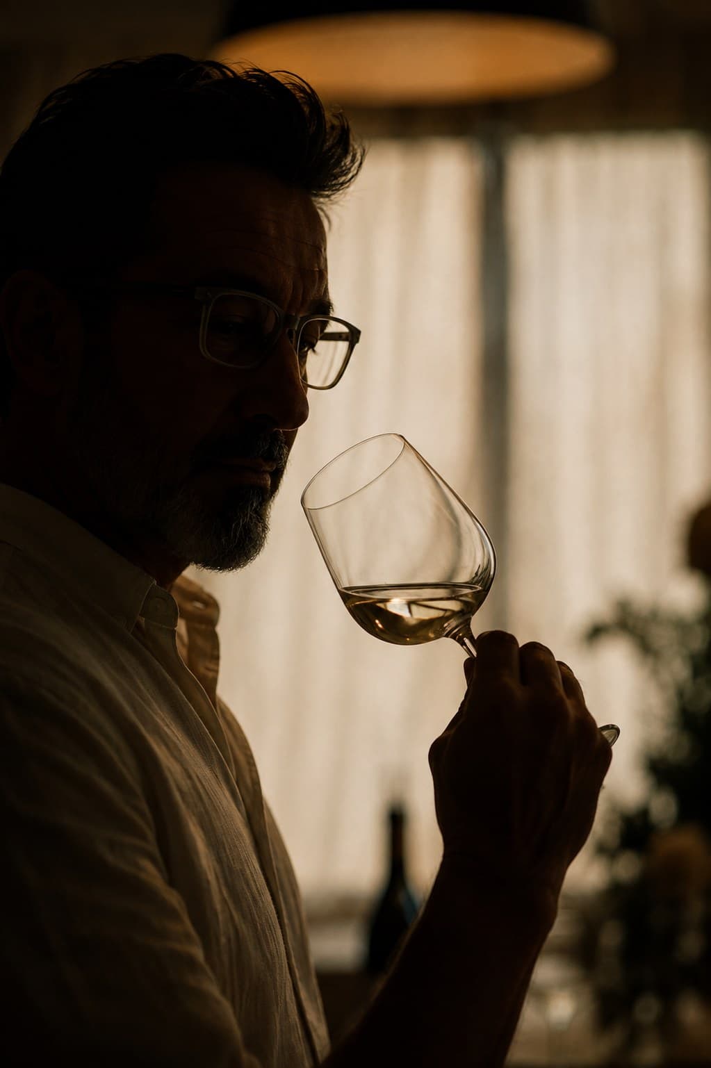 Hombre de perfil oliendo una copa de vino blanco, luz cálida y ambiente íntimo