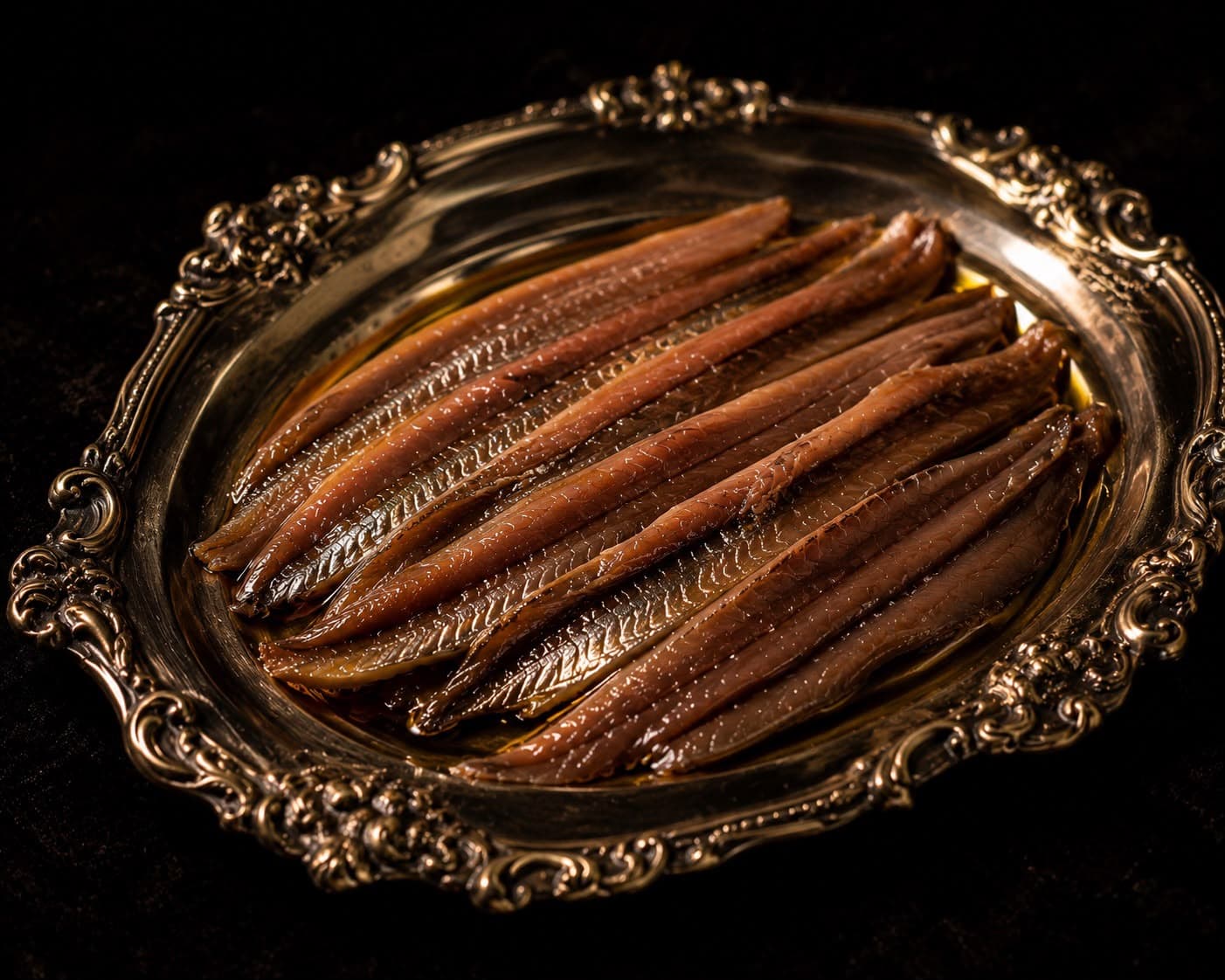 Filetes de anchoa en aceite dispuestos sobre una bandeja de plata antigua ornamentada
