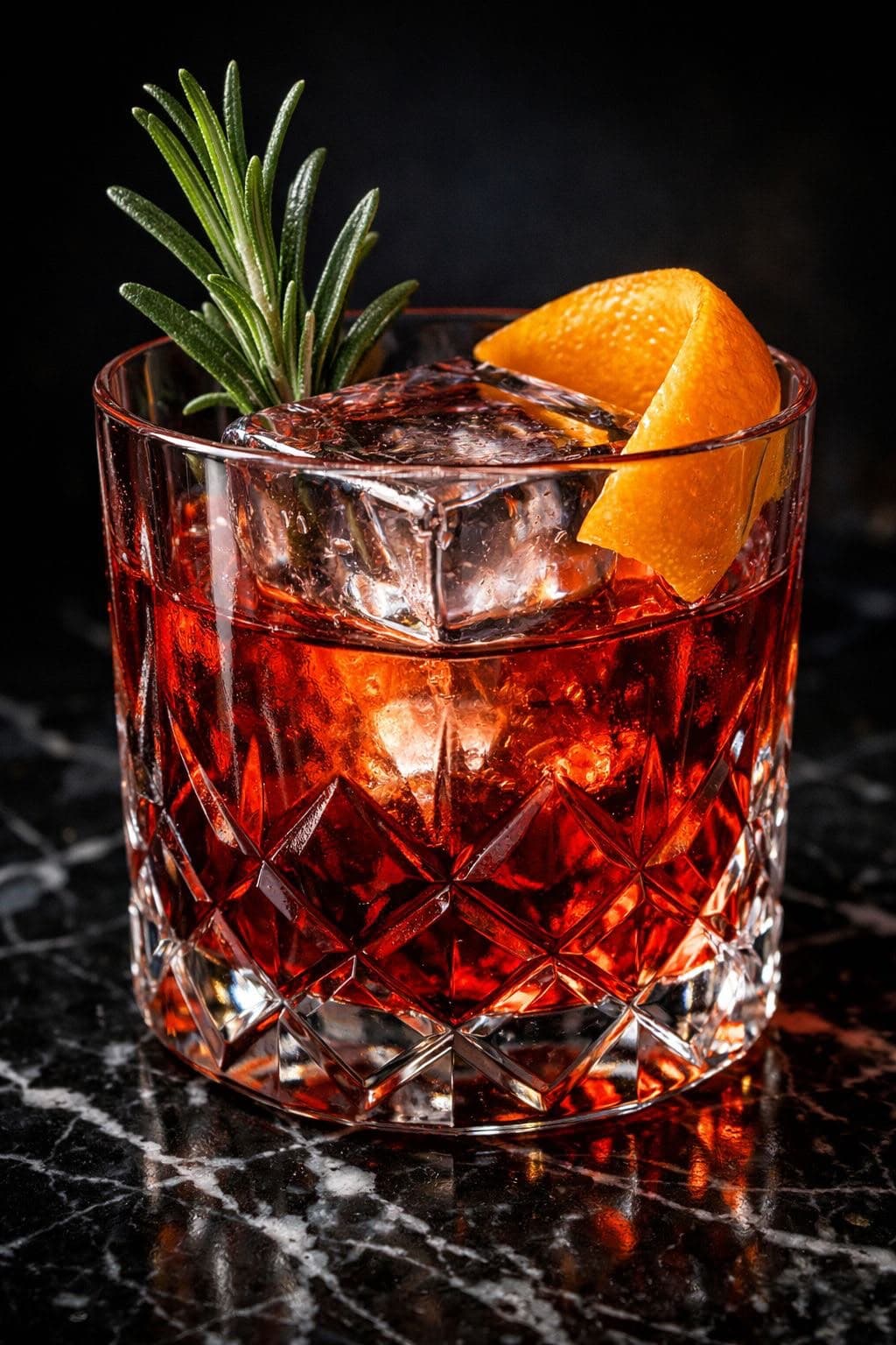 Cóctel de aperitivo servido en vaso de cristal tallado, con romero y piel de naranja