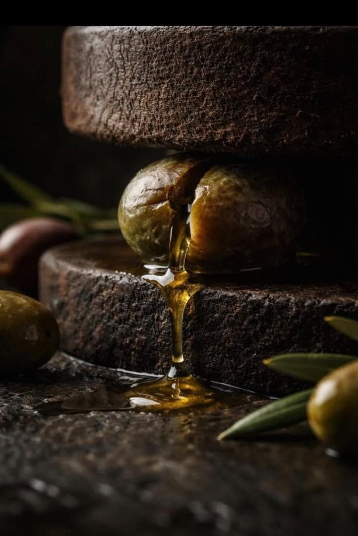 Aceite de oliva goteando entre dos aceitunas sobre piedras de molino apiladas