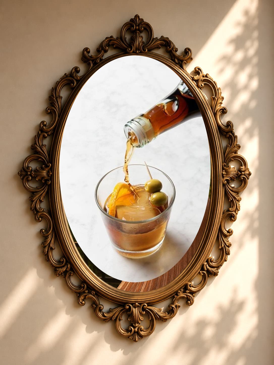 Marco ovalado dorado labrado con una copa de vermut sobre mármol claro, aceitunas y naranja