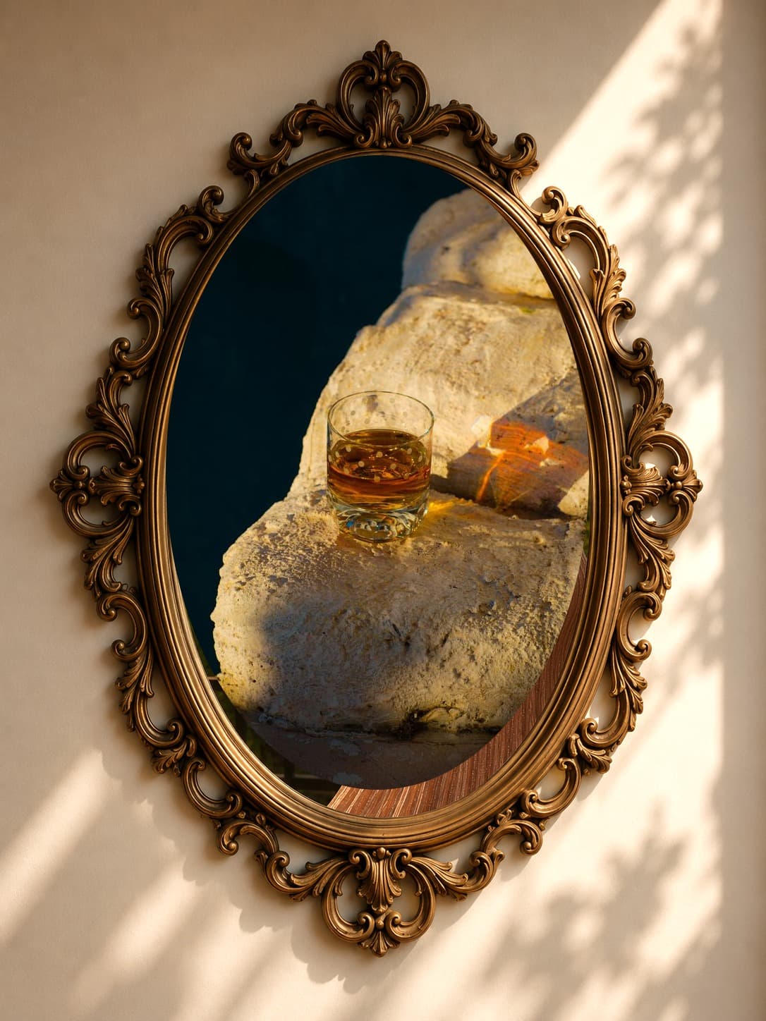 Marco ovalado dorado labrado con una copa de whisky junto a una piscina al atardecer