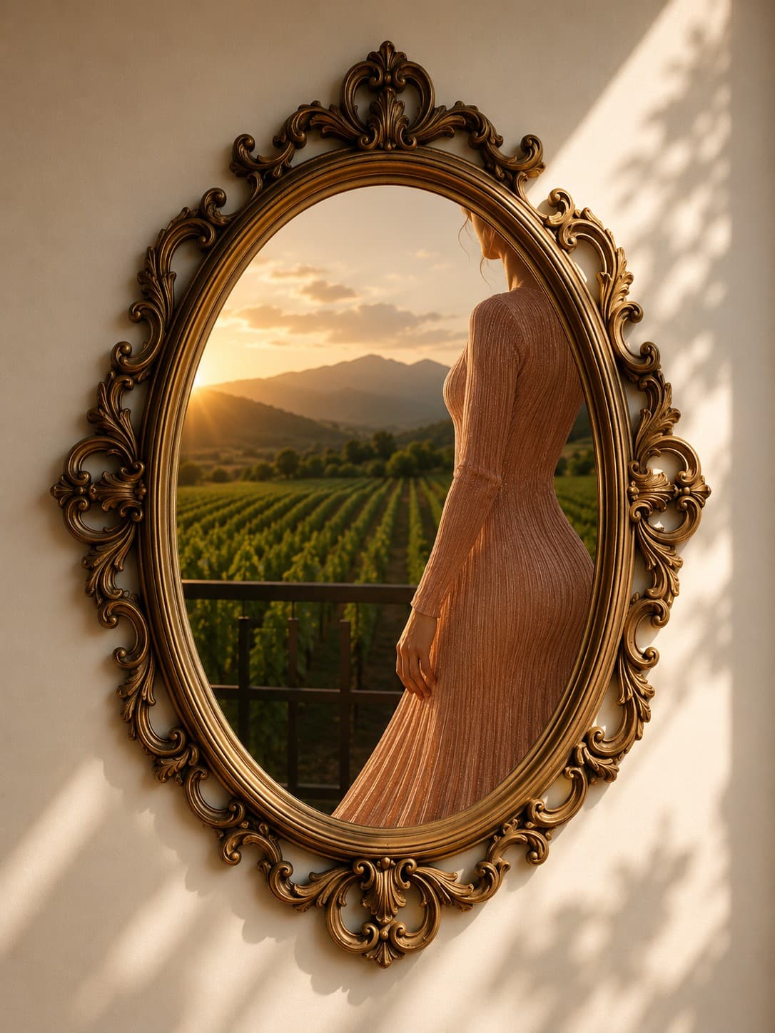 Mujer con vestido elegante contemplando un viñedo al atardecer, enmarcada en un espejo ovalado dorado