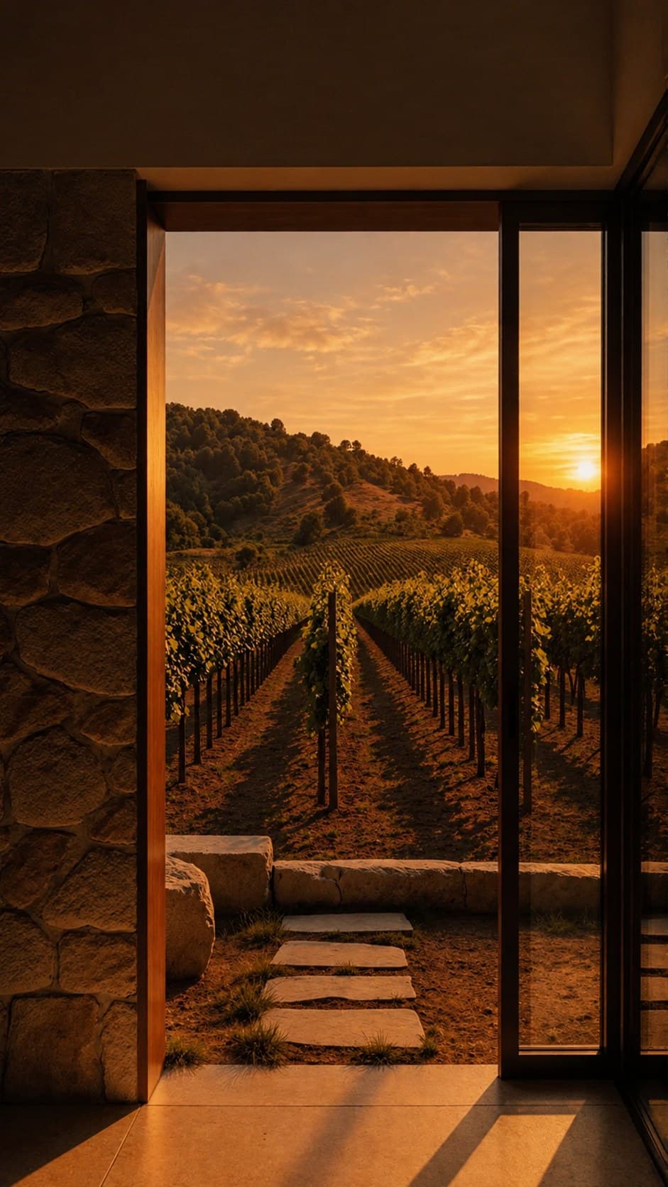 Viñedo en hileras visto desde un pórtico de piedra, colinas boscosas y sol poniente al fondo