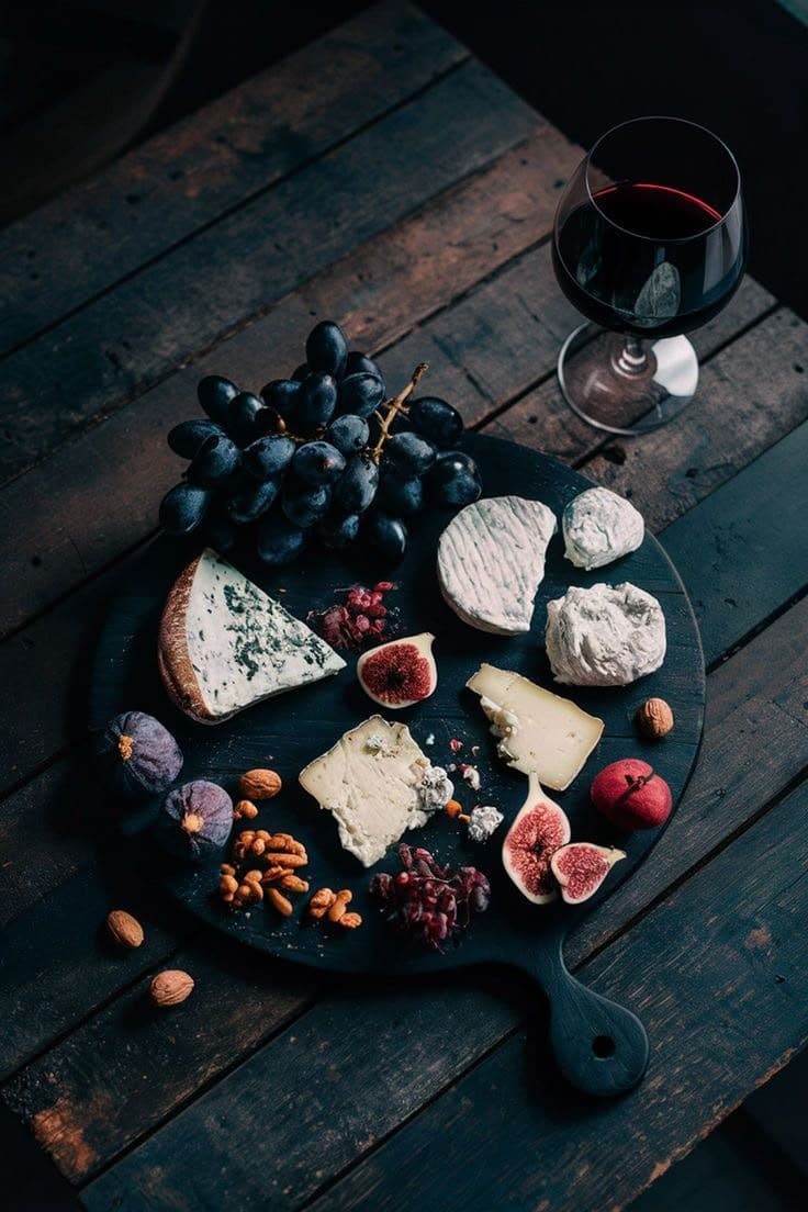 Tabla de quesos con uvas negras, higos y una copa de vino tinto