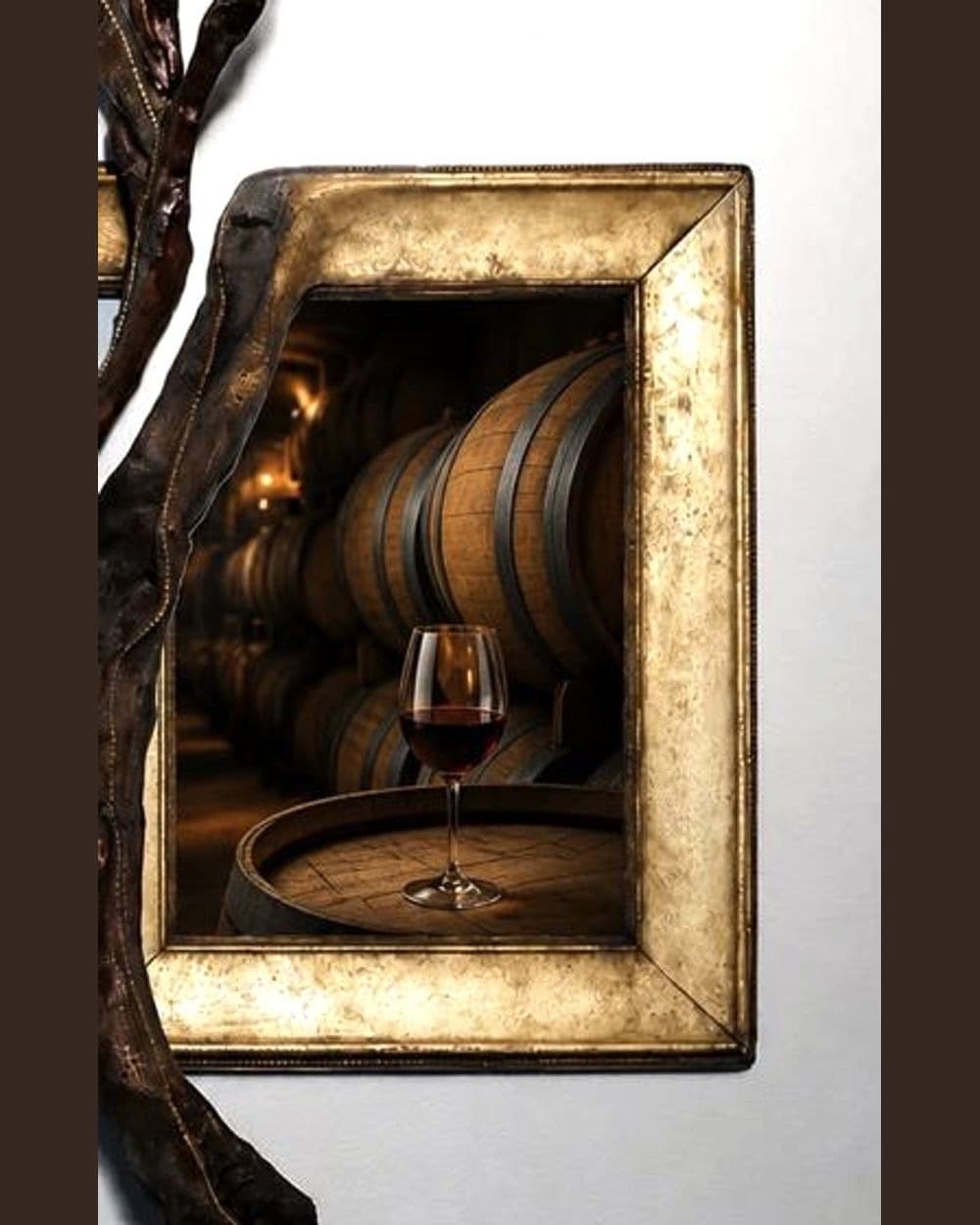 Copa de vino tinto sobre una barrica en una bodega de crianza, enmarcada en pan de oro