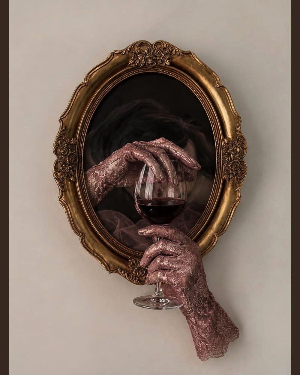 Marco ovalado dorado barroco con una copa de vino tinto sostenida por una mano enguantada de encaje